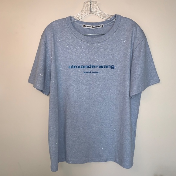 Alexander Wang Glitter Puff Logo T-shirt in Compact-Jersey Blue S - Picture 7 of 15